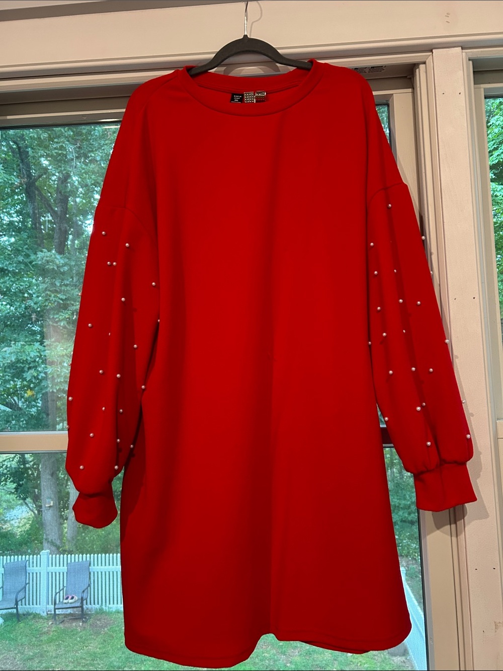 SHEIN Red Long Sleeve Dress with Pearl Details